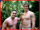 two shirtless men